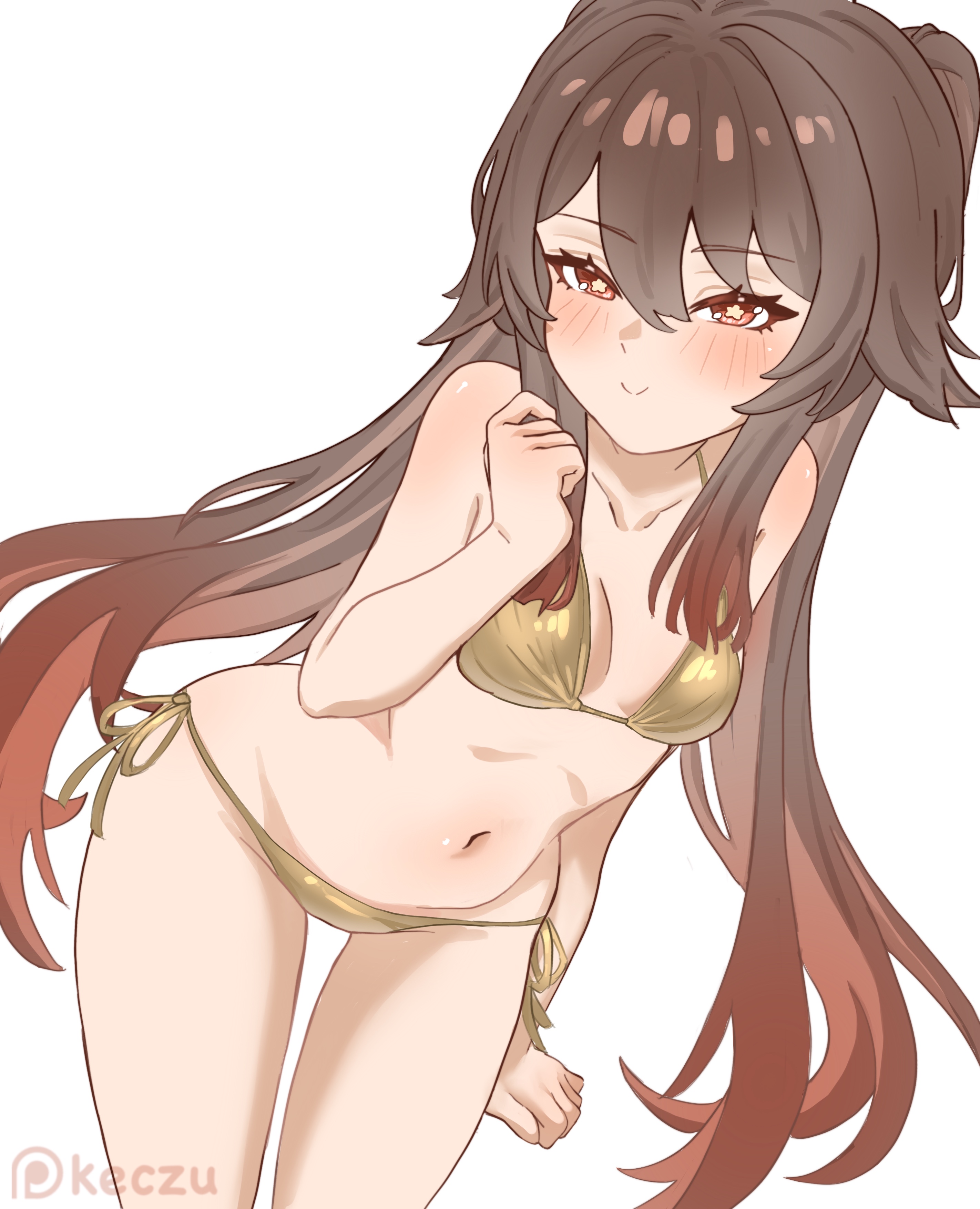 bikini, brown hair, cute, genshin impact, gold bikini, golden week, hu tao (genshin impact), red eyes, twintails