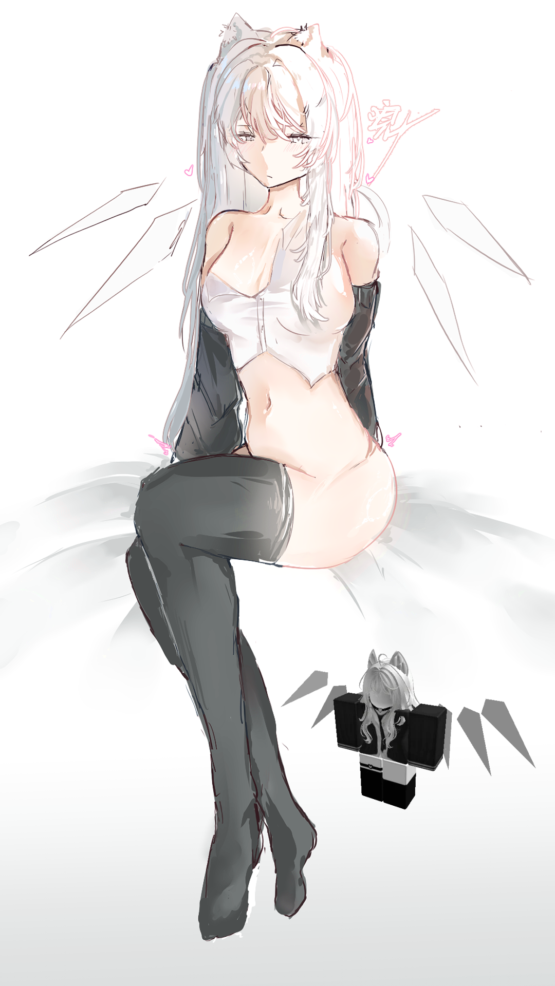 1girls, bottomless, breasts, catgirl, cleavage, clothing, colored sketch, crop top, female, octawave, partially clothed, reference image, request, roblox, roblox avatar, robloxian, self upload, sitting, sketch, stomach, tagme, thighhighs, thighs, white background, white hair