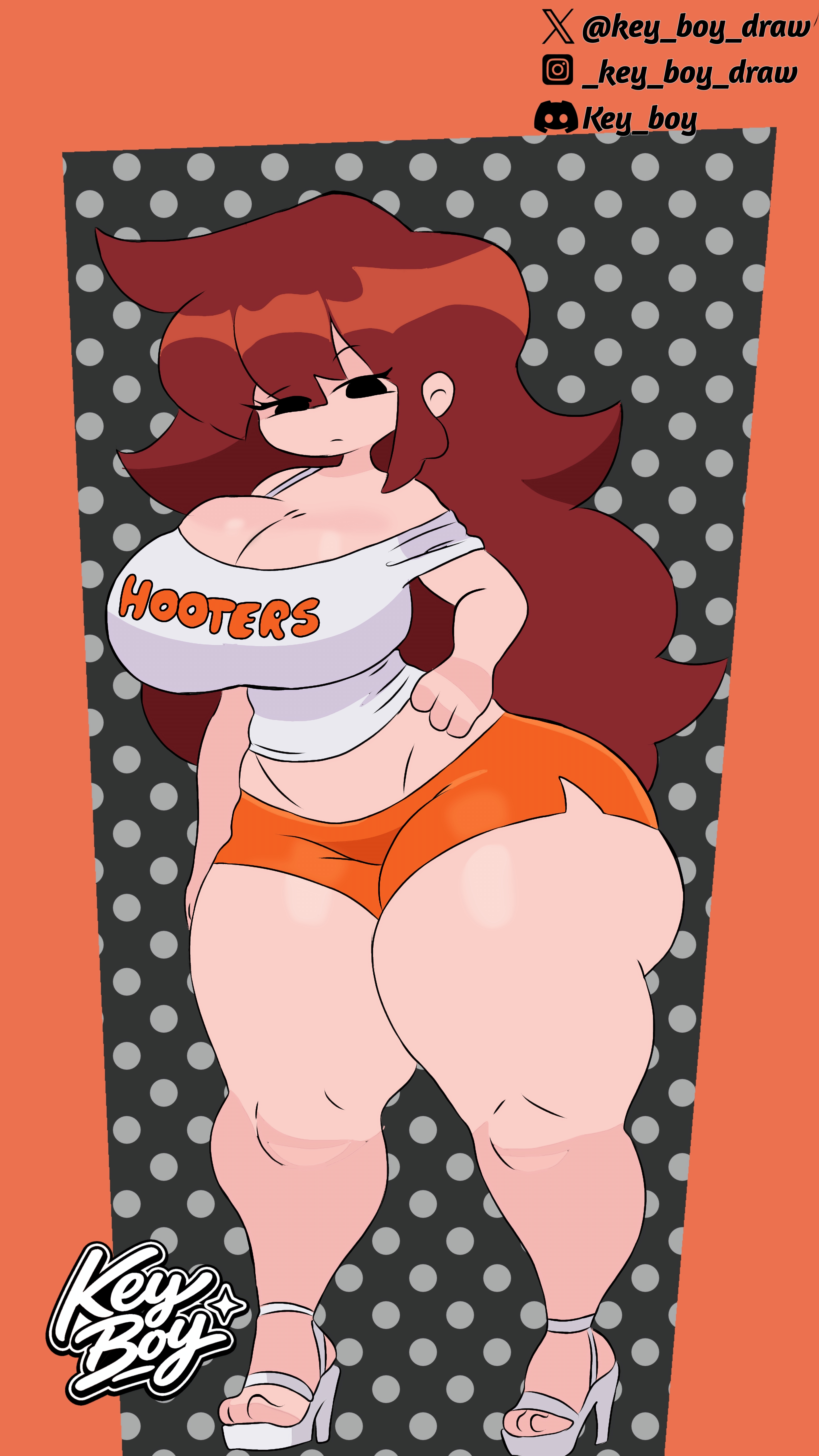 auburn hair, big breasts, booty shorts, crop top, curvy, curvy female, friday night funkin, girlfriend (friday night funkin), high heels, hooters, huge thighs, key boy, solo female, tagme, thick calves, thick thighs, thunder thighs, voluptuous, voluptuous female, wide hips