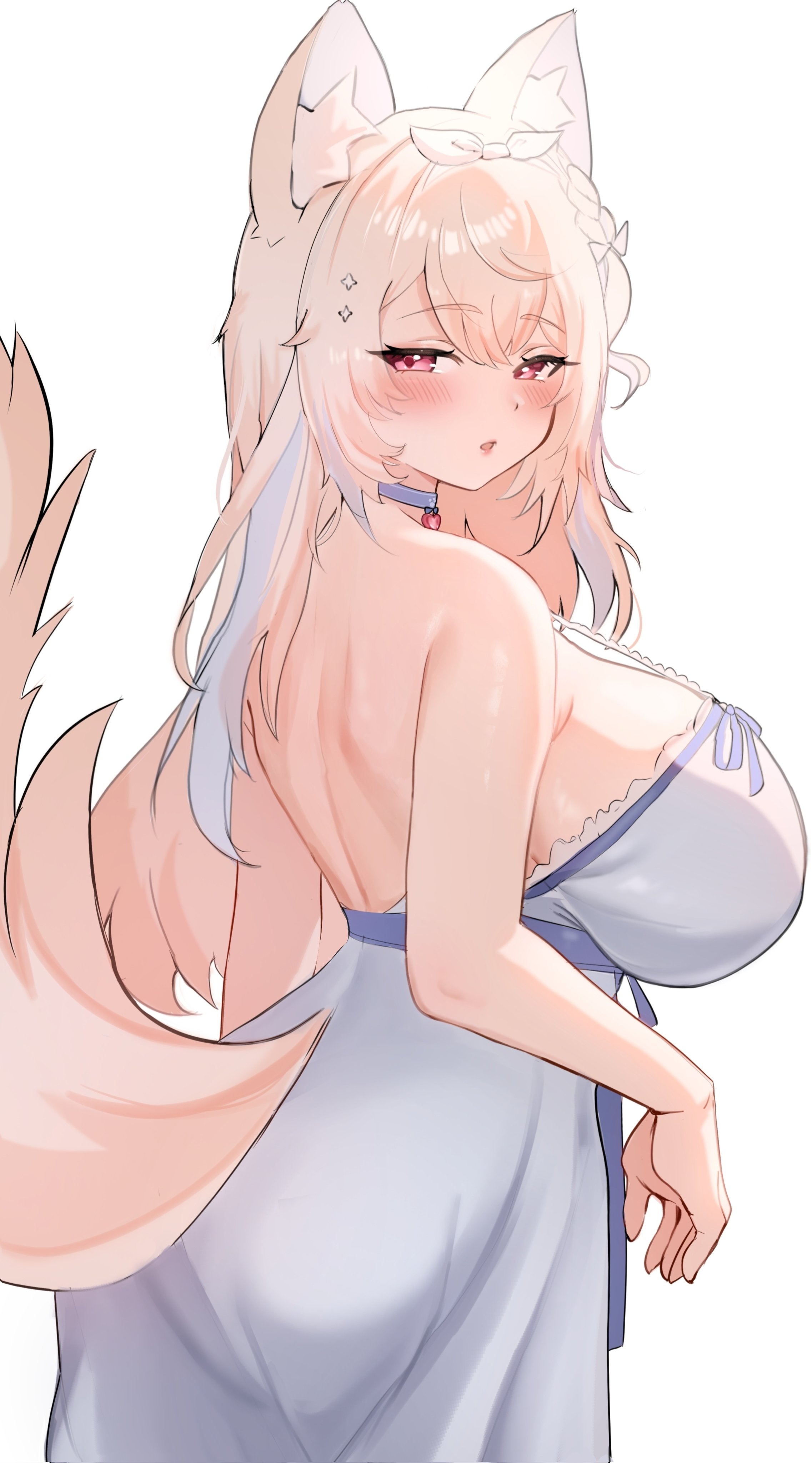 1girls, 2d, 2d (artwork), animal ears, animal tail, big breasts, blonde hair, blush, breasts, fanart, fanart from twitter, female, female focus, female only, fuwawa abyssgard, high resolution, highres, hololive, hololive english, hololive english -advent-, huge breasts, light skin, light-skinned female, long hair, looking at viewer, looking back, looking back at viewer, pijama, pingun, pink eyes, simple background, slim girl, solo, solo focus, standing, tail, virtual youtuber, voluptuous, vtuber, vtuberfanart, white background