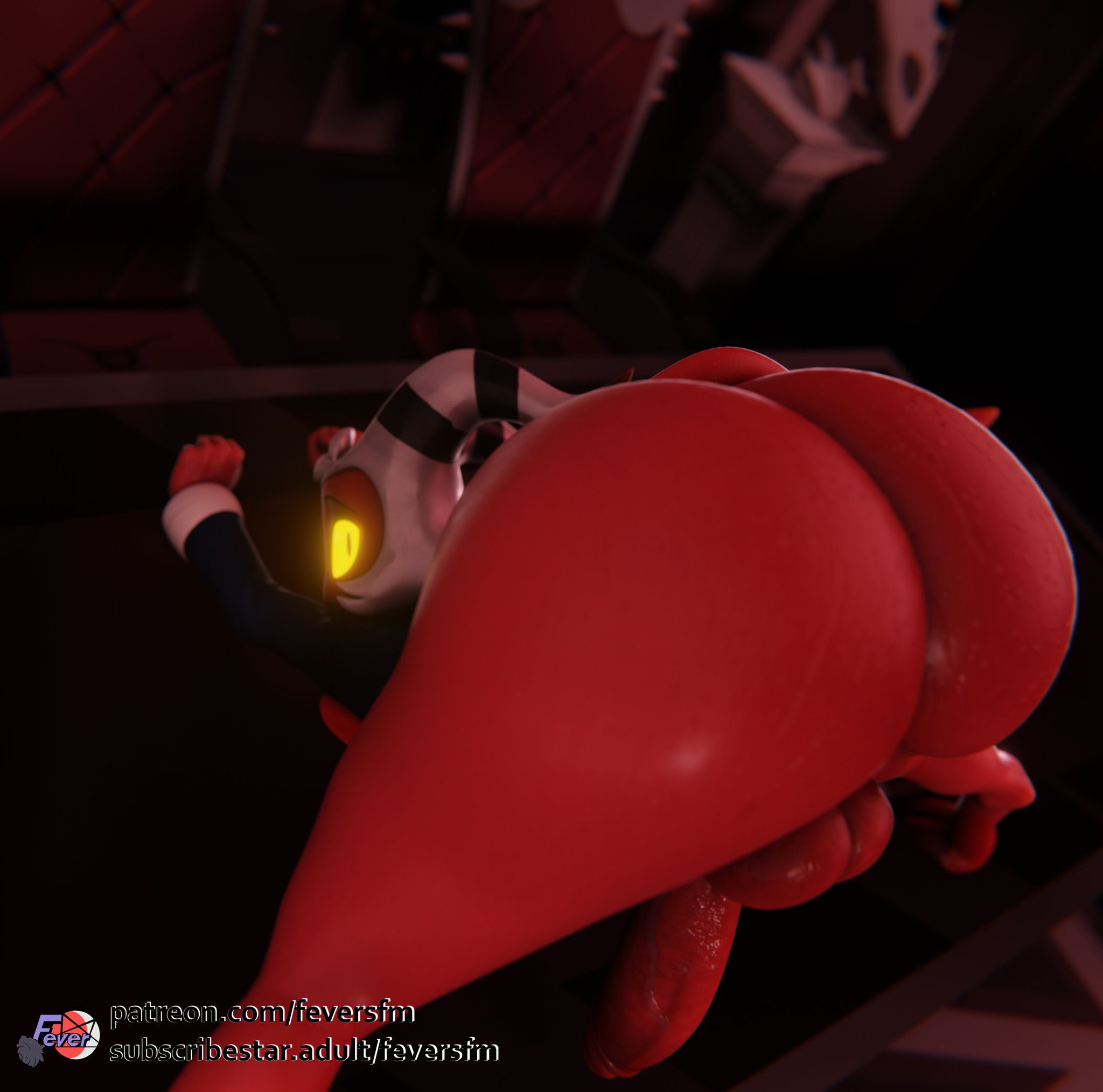 3d, 3d (artwork), artist name, ass, ass focus, balls, bottomless, clothed, clothed male, demon, demon boy, demon horns, demon tail, femboy, feversfm, glowing, glowing eyes, helluva boss, horns, imp, male, male only, moxxie (helluva boss), patreon username, penis, red body, red skin, sexy, solo, solo focus, solo male, tagme, tail, thick, thick ass, thick thighs, white hair