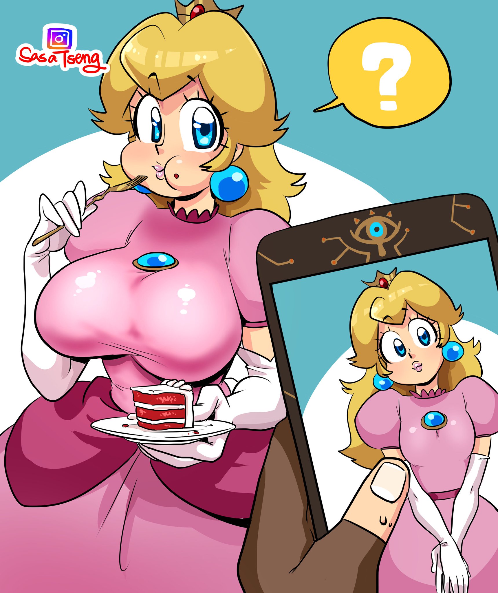 ?, 1boy, 1girls, before and after, big breasts, blonde hair, blue eyes, breast expansion, breast growth, breast growth (enlargement), breasts, breath of the wild, cake, crossover, curvy, dress, eating, female, female focus, large breasts, link, link (breath of the wild), looking at viewer, male, mario (series), nintendo, photo (object), princess peach, sasatseng, sheikah slate, simple background, size comparison, small breasts, spoken question mark, standing, the legend of zelda, thick, tight clothing