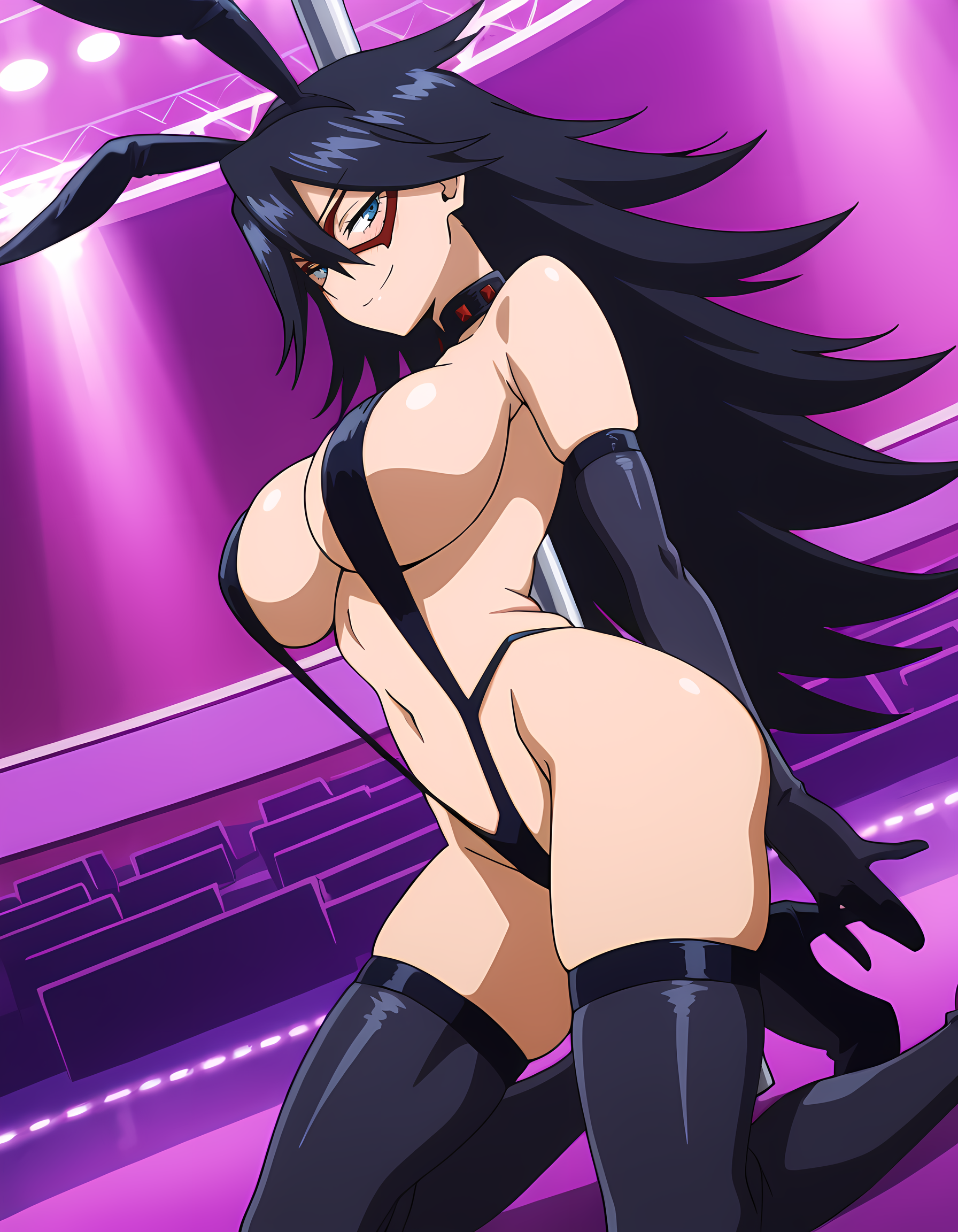 ai generated, bikini, boku no hero academia, full body, huge breasts, light-skinned female, mature female, micro bikini, midnight (my hero academia), my hero academia, nemuri kayama, pole dancer, pole dancing, smiley face