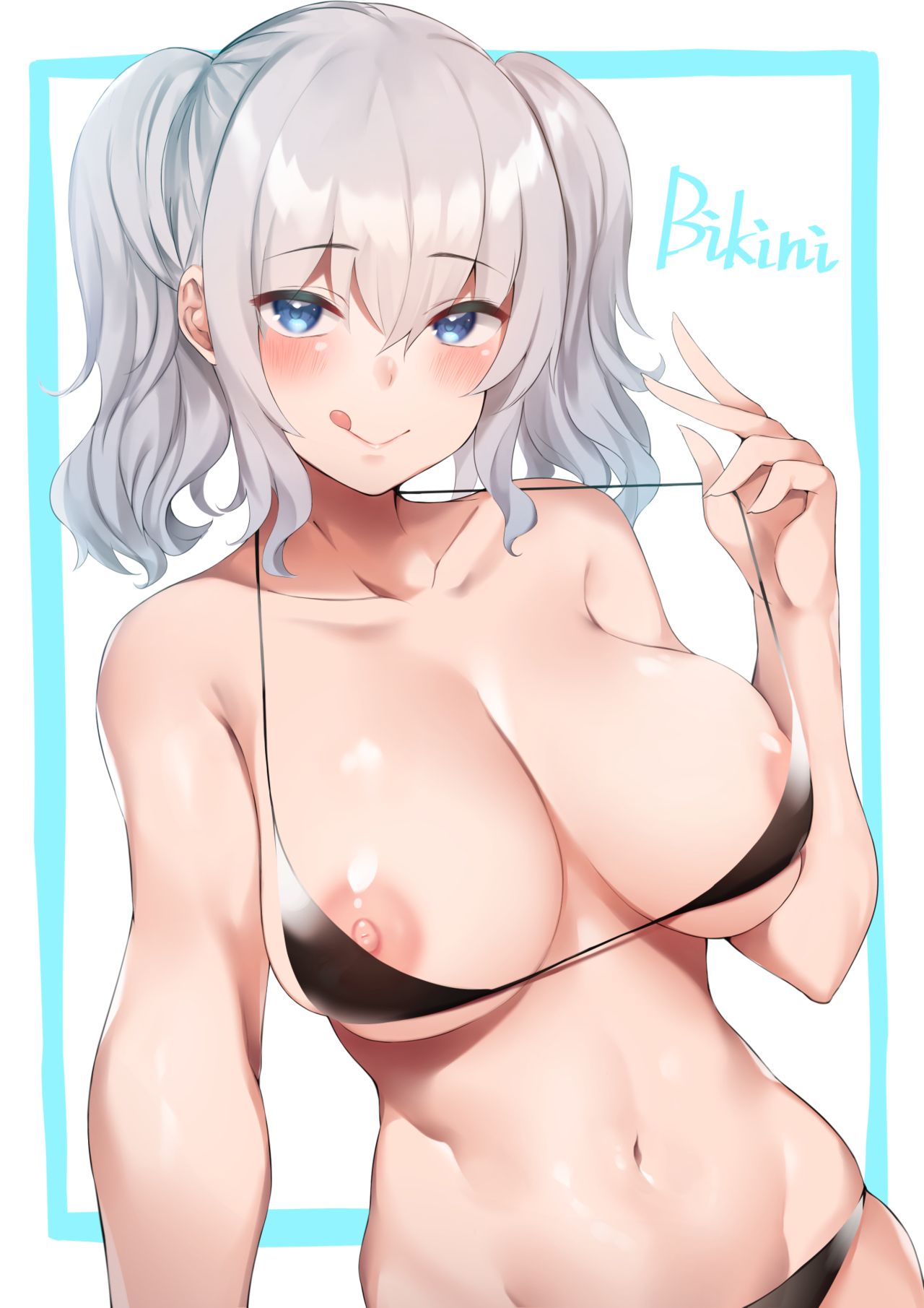 :d areolae bikini bikini_pull black_bikini blue_eyes breasts eyebrows_visible_through_hair kantai_collection kashima_(kantai_collection) large_breasts licking_lips nipple_slip nipples personification silver_hair smile underboob usa_b