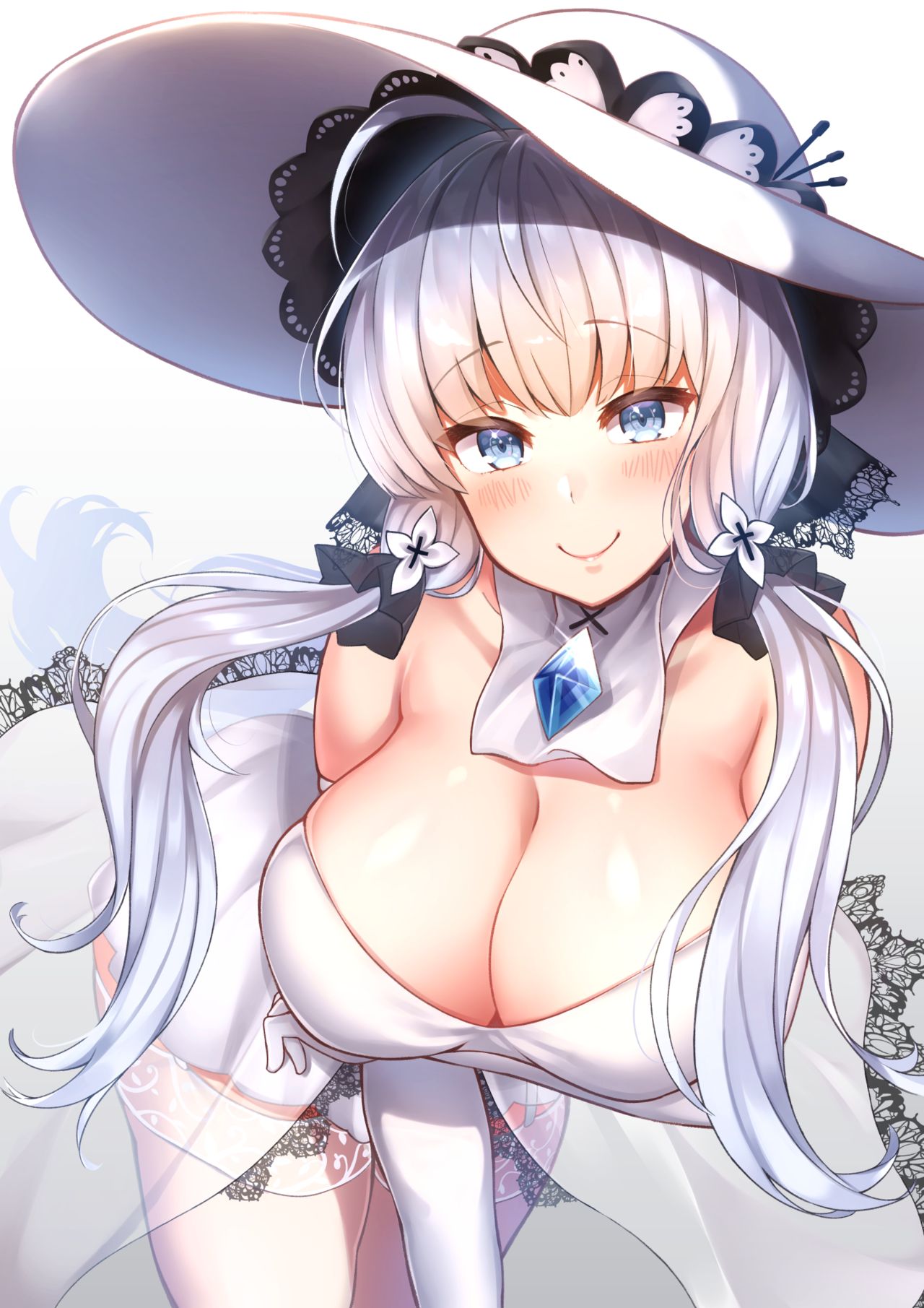 azur_lane blue_eyes breasts cleavage cleavage_cutout eyebrows_visible_through_hair female female_only gloves hat illustrious_(azur_lane) lace-trimmed_thighhighs large_breasts leaning_forward long_hair low_twintails personification smile solo_female thighhighs twintails usa_b white_dress white_gloves white_hair white_legwear white_thighhighs