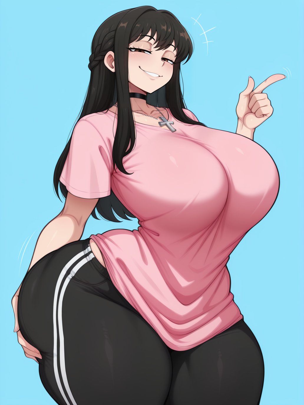 1girls, 2025, ai generated, big ass, big breasts, black hair, blush, brown eyes, bubble butt, child bearing hips, collar, dat ass, dumptruck ass, el memc, fat ass, female, female only, grabbing, grabbing ass, grabbing own ass, horny, horny female, huge ass, huge breasts, hyper breasts, looking at viewer, looking pleasured, mem (memch0), memch0, necklace, oc, original, original character, posing, posing for the viewer, thick thighs, thunder thighs, tight clothing