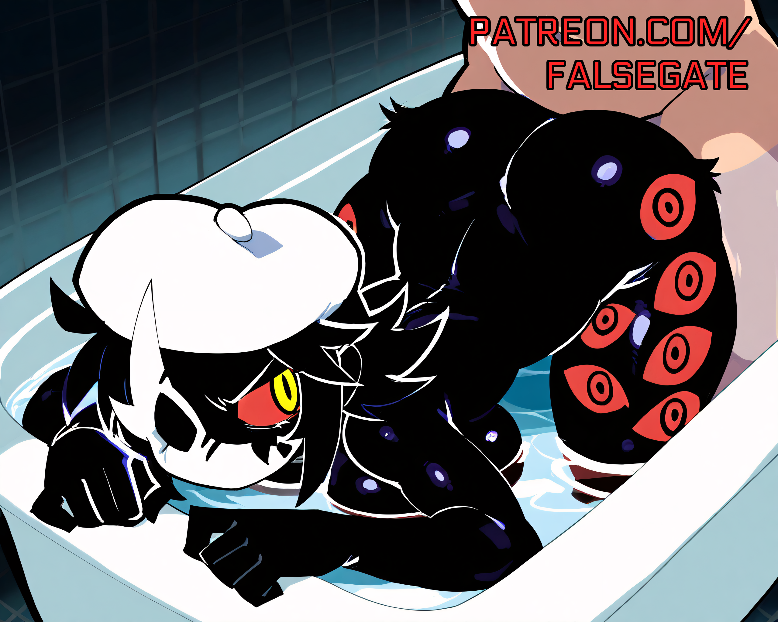 1boy, 1girls, absurd res, ai generated, ambiguous penetration, annoyed, anthro, ass, bath, bathtub, beret, black eyes, black fur, black hair, black skin, broken mask, colored sclera, colored skin, covered eye, duo, extra eyes, eyes on body, eyes on legs, falsegate, folly (regretevator), fur, hat, highres, human, human male, humanoid, in bathtub, in water, intercourse, large ass, large breasts, light skinned male, looking back, mask, medium hair, monster, monster girl, non-human, nude, nude female, one eye covered, paid reward available, patreon, patreon username, red sclera, regretevator, roblox, self upload, sex, sex in bath, sex in water, stable diffusion, straight, thick thighs, thighs, uncensored, water, white beret, white hat, white mask, yellow eyes