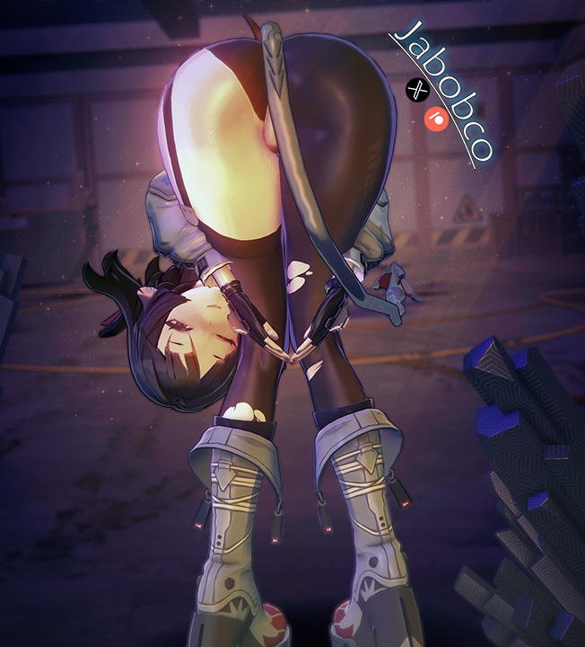 , 1girls, 3d, 3d (artwork), animal ears, ass, ass focus, black hair, female, female focus, heart pose, hoyoverse, jabobco, jane doe (zenless zone zero), koikatsu, large ass, light skin, light-skinned female, mihoyo, pantyhose, ripped clothing, ripped pantyhose, tail, zenless zone zero