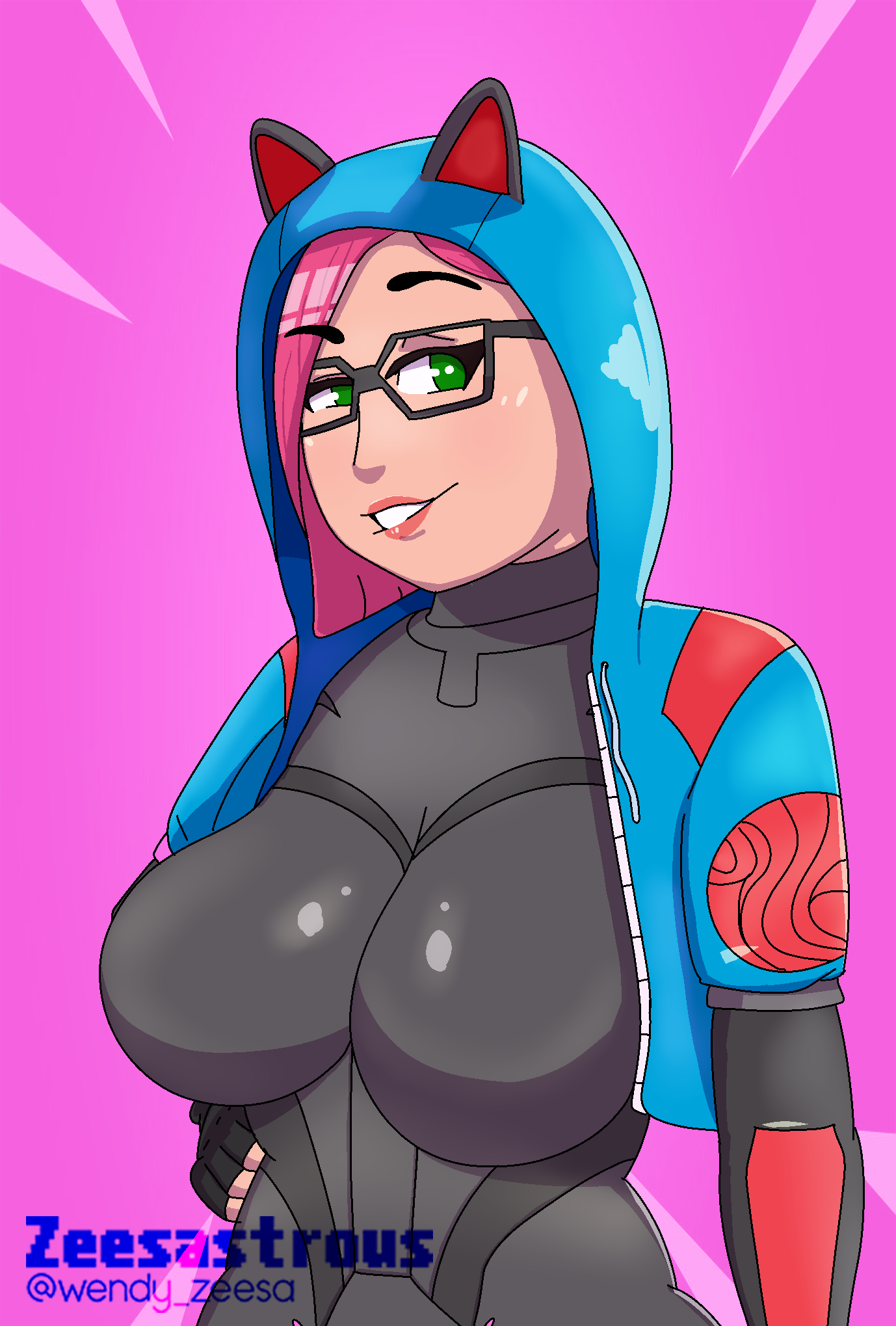 1girls, bodysuit, breasts, cat ears, cat hood, clothed, eye contact, female, fingerless gloves, fortnite, glasses, gloves, green eyes, half-closed eyes, hood, huge breasts, jacket, large breasts, leather, looking at viewer, lynx (fortnite), pink hair, tagme, text, thick thighs, watermark, wide hips, zeesastrous