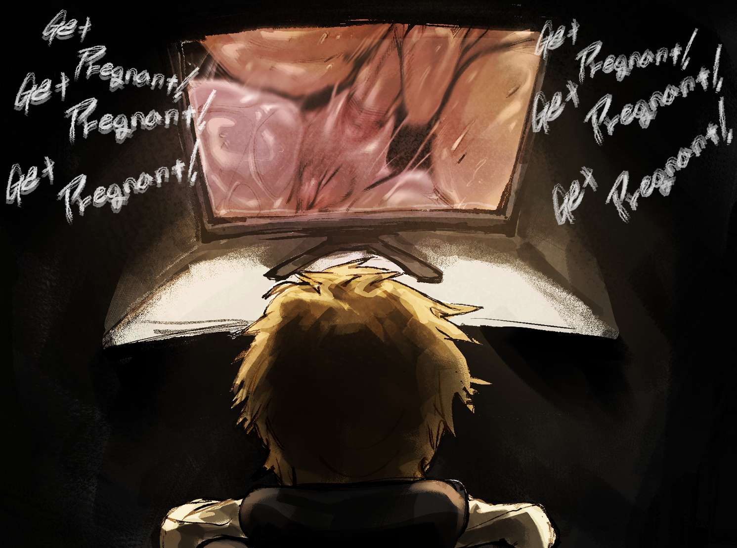 1boy, 1girls, 2male, anal, anus, ass, bakugou katsuki, blonde hair, chainsaw man, color, cuckold, cuckold pov, cum, denji (chainsaw man), doppel, english text, female, high quality, impregnation attempt, katsuki bakugou, legs up, male, mating press, my hero academia, reze (chainsaw man), squirting, sweat, text, vagina, vaginal tugging, watching porn, watching sex