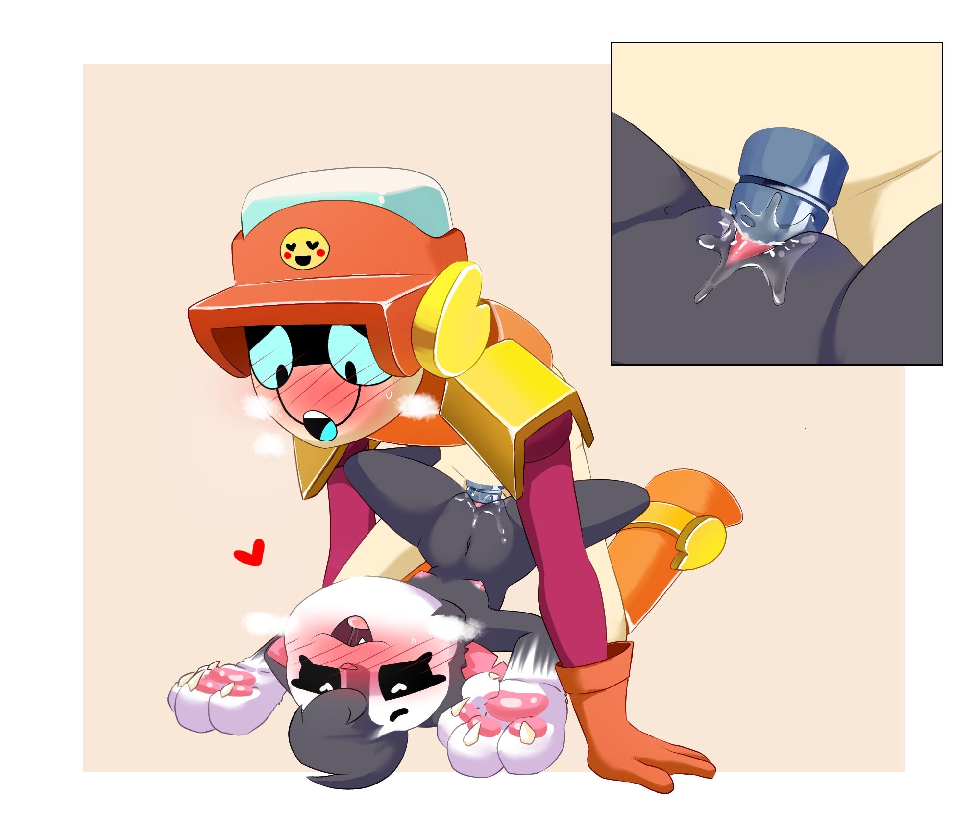 1boy, 1girl, anthro, blush, brawl stars, breasts, clitoris, domestic cat, furry, furry female, genital fluids, heart-shaped pupils, humanoid, humanoid on anthro, kit (brawl stars), larry (brawl stars), male/female, missionary position, no humans, oc, oc x canon, penetration, penis in pussy, robot boy, robot penis, smaller female, straight, supercell, tuxedo cat, wet pussy