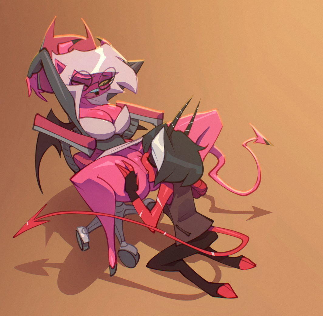 2demons, 2girls, bat wings, bigdad, black hair, breasts, chair, character request, clitoris, clothed, cunnilingus, demon, demon girl, demon girls, demon horns, demon tail, demon wings, demons, female, female focus, female only, female/female, helluva boss, imp, oc, oral, oral sex, original, original character, pink body, pussy, red body, sexy, short hair, simple background, sitting, sitting cunnilingus, tagme, two-tone body, two-tone hair, verosika mayday, verosika mayday (helluva boss), white hair, wings, yuri