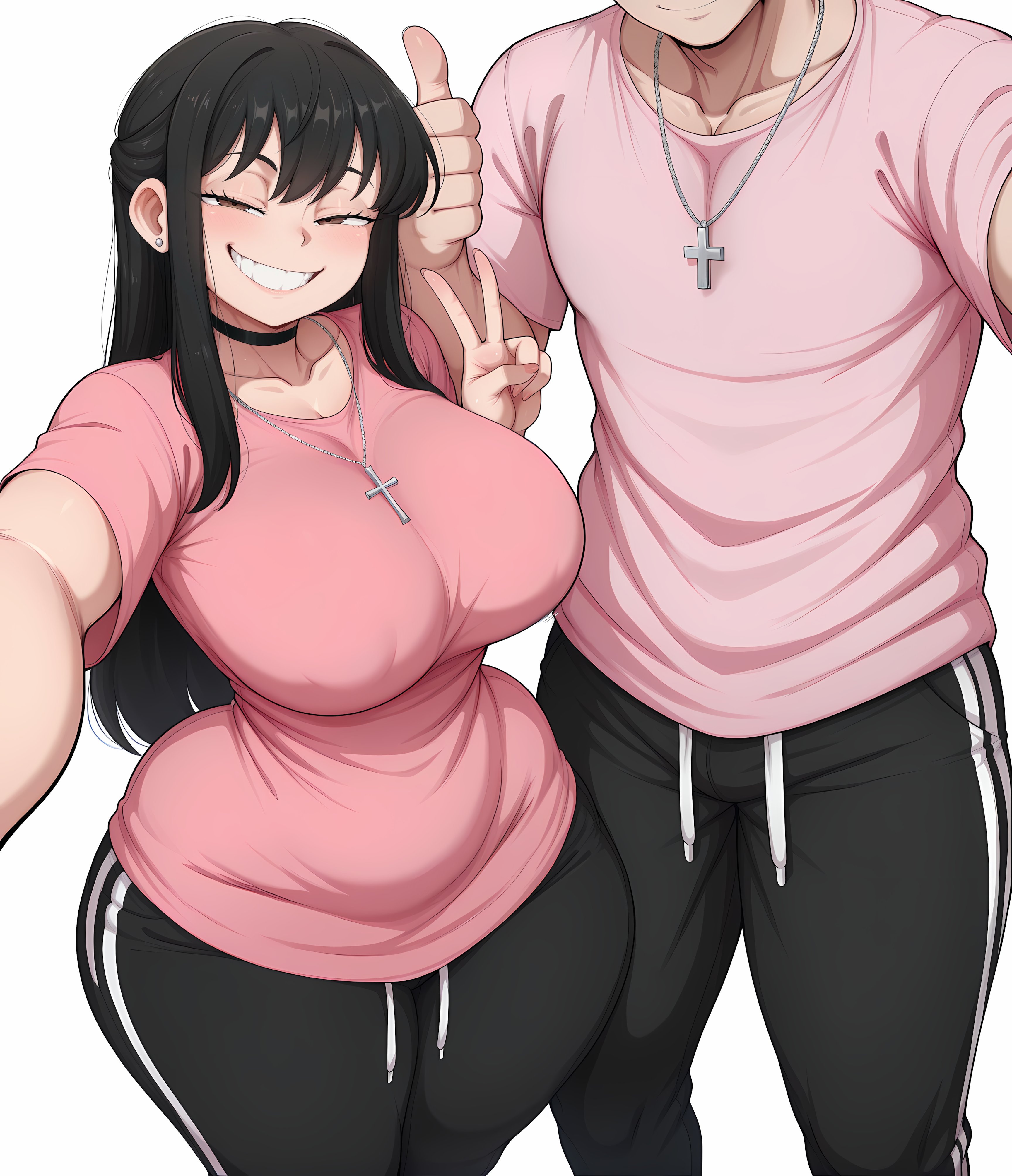 1boy, 1boy1girl, 1girls, 2025, ai generated, areola bulge, areolae, big breasts, black hair, blush, brown eyes, child bearing hips, collar, el memc, female, horny, horny female, huge breasts, hyper breasts, imminent sex, looking at viewer, looking pleasured, male, male/female, mem (memch0), memch0, muscular, muscular male, necklace, oc, original, original character, peace sign, posing, posing for the viewer, selfie, thick thighs, thunder thighs, tight clothing