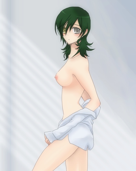 blush breasts brown_hair color green_hair gundam gundam_00 hallelujah_haptism heterochromia long_hair minakawa6 nipples rule_63 silver_eyes yellow_eyes