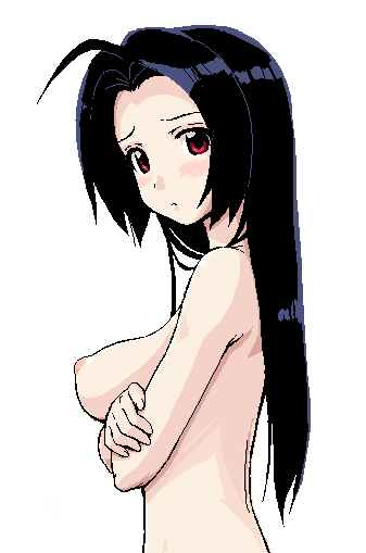 1girls ahoge azusa_miura back black_hair blush breasts crossed_arms female idolmaster large_breasts long_hair looking_at_viewer miura_azusa nipples nude oekaki red_eyes solo takayaki topless white_background