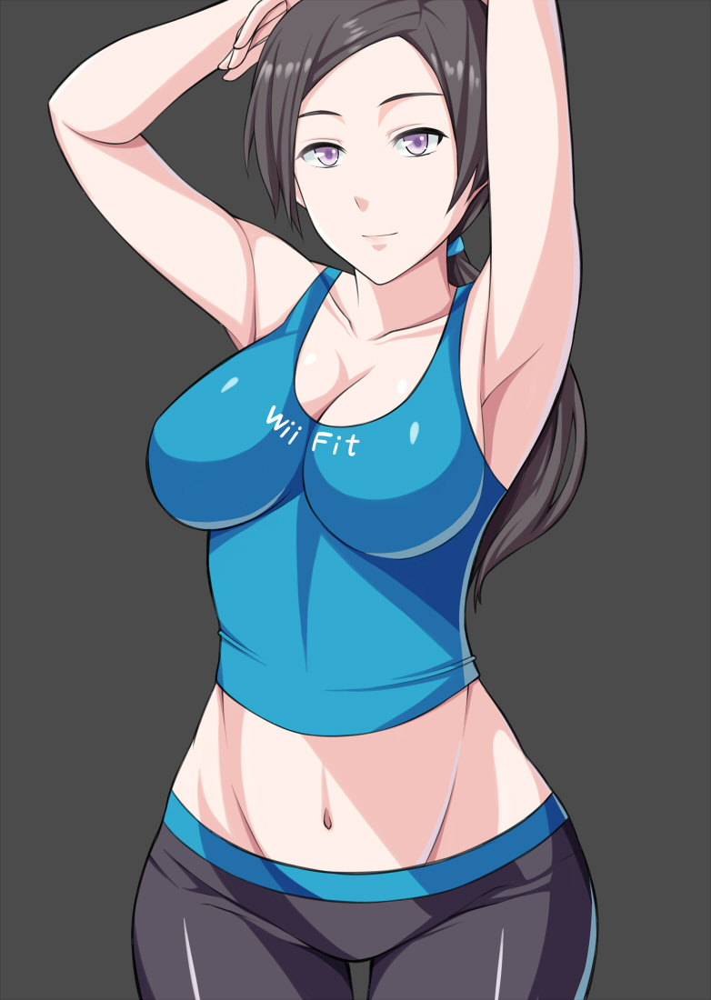1girls, breasts, female, female only, human, large breasts, skin tight, smile, solo, spandex, stretching, wii fit, wii fit trainer, wii fit trainer (female)