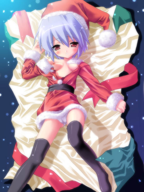 1girls belt black_legwear black_thighhighs blue_hair blush breasts cameltoe christmas dress female flat_chest hat kotonomiya_yuki lying no_bra on_back open_clothes open_shirt panties pantyshot pantyshot_(lying) red_eyes ribbon ryunnu santa santa_costume santa_hat shirt short_hair solo suigetsu thighhighs underwear zettai_ryouiki