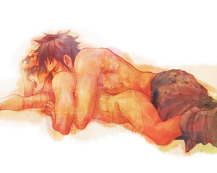 2boys, anal, anal sex, art, artist request, black hair, boat position, clothed male nude male, cmnm, earrings, from behind, gay, kissing neck, laying on stomach, lying on bed, lying on person, male, male only, monkey d luffy, muscles, muscular, muscular male, nude, one piece, open mouth, pants, pants around one leg, pixiv, sex, tattoo, topless, trafalgar law, yaoi, エリナ