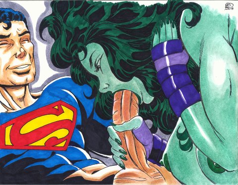 1boy 1girls big_breasts breasts crossover dc_comics fellatio female green_skin hulk_(series) male marvel marvel_comics oral rob_durham she-hulk straight straight_hair superman superman_(series) tight_throat