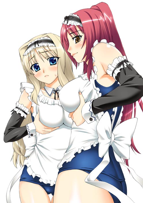 apron blush breast_grab breasts detached_sleeves kousaka_tamaki kusugawa_sasara large_breasts maid maid_headdress multiple_girls one-piece_swimsuit school_swimsuit self_fondle simple_background smile sweatdrop swimsuit swimsuit_under_clothes to_heart_(series) to_heart_2 unagimaru