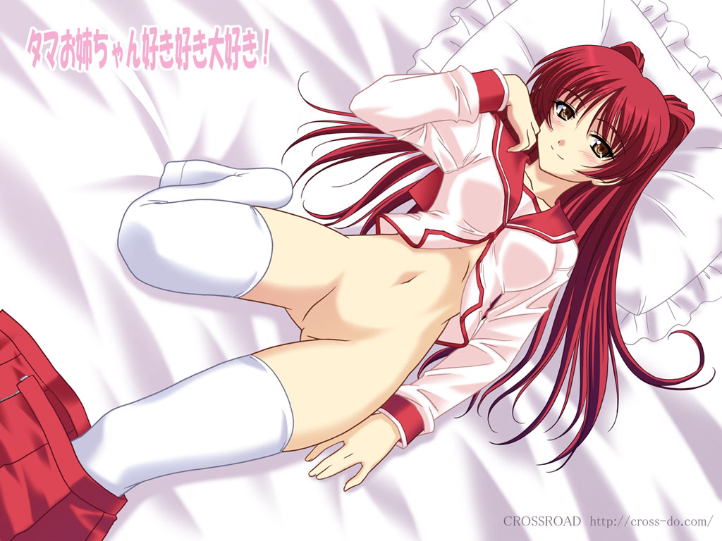 bed blush bottomless brown_eyes censored clothing kousaka_tamaki masakichi_(crossroad) no_pussy pillow red_hair school_uniform serafuku skirt solo stockings thighhighs tied_hair to_heart_(series) to_heart_2 twintails undressing