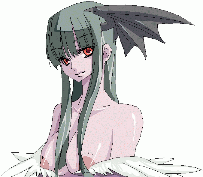 clothing darkstalkers earrings eyebrows_visible_through_hair green_hair headwings large_breasts long_hair morrigan_aensland niwacho no_bra red_eyes smile succubus tagme white_background