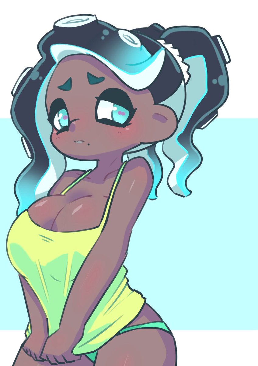 1girls, alternate eye color, blue eyes, blushing, dark skin, dark-skinned female, female, marina (splatoon), nintendo, octoling, pulling down shirt, solo, splatoon, splatoon 2, tagme, whichdoll, white background