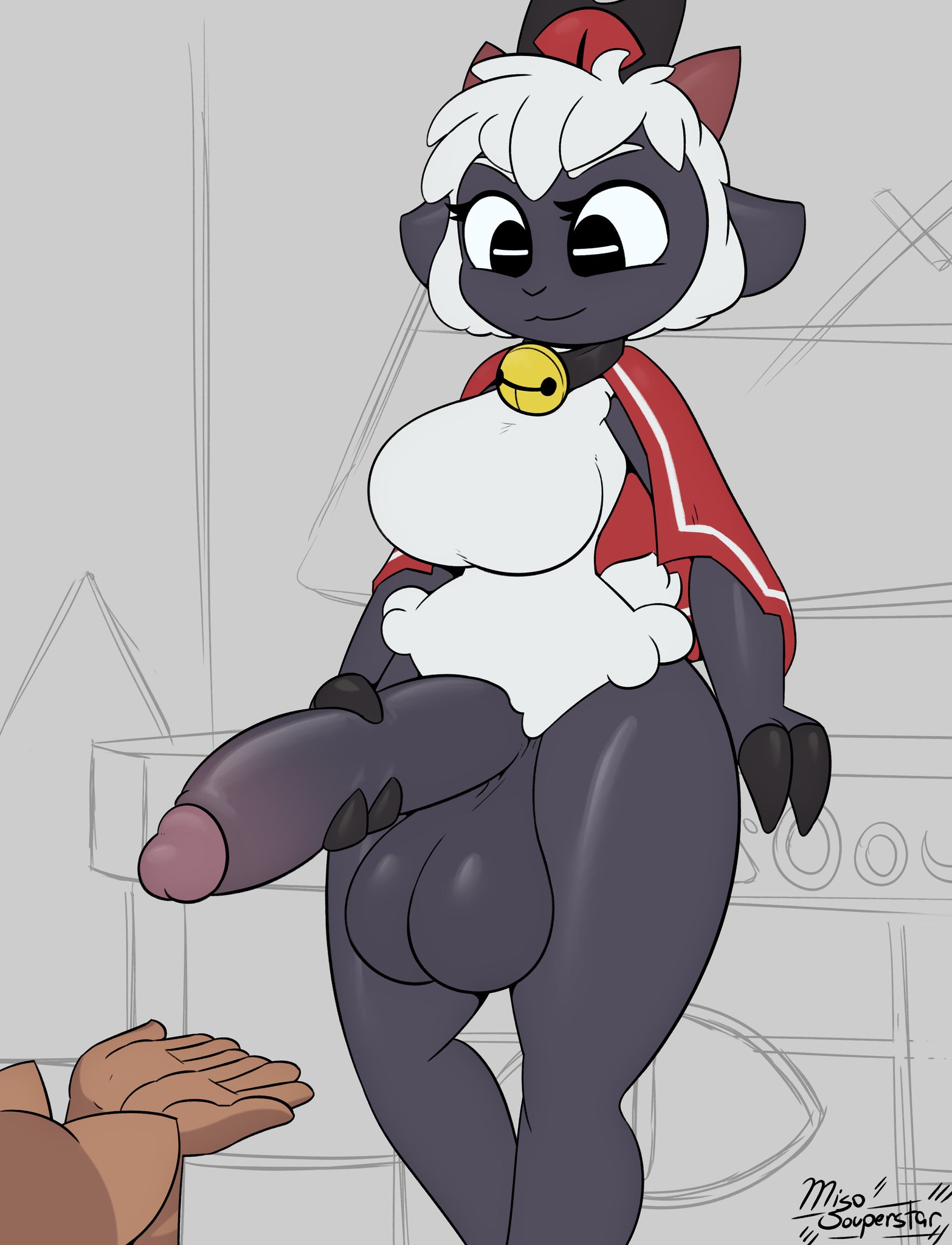1futa, anthro, bell, big penis, black penis, caprine, casual, clothed, clothing, cult of the lamb, dark skin, devolver digital, female, furry, futa focus, futanari, genderswap, headwear, humanoid penis, intersex, lamb (cult of the lamb), large penis, masturbation, miso souperstar, neckwear, outerwear, penis, rule 63, sheep, sheep girl, solo focus, standing, white wool, wool, wool (fur)