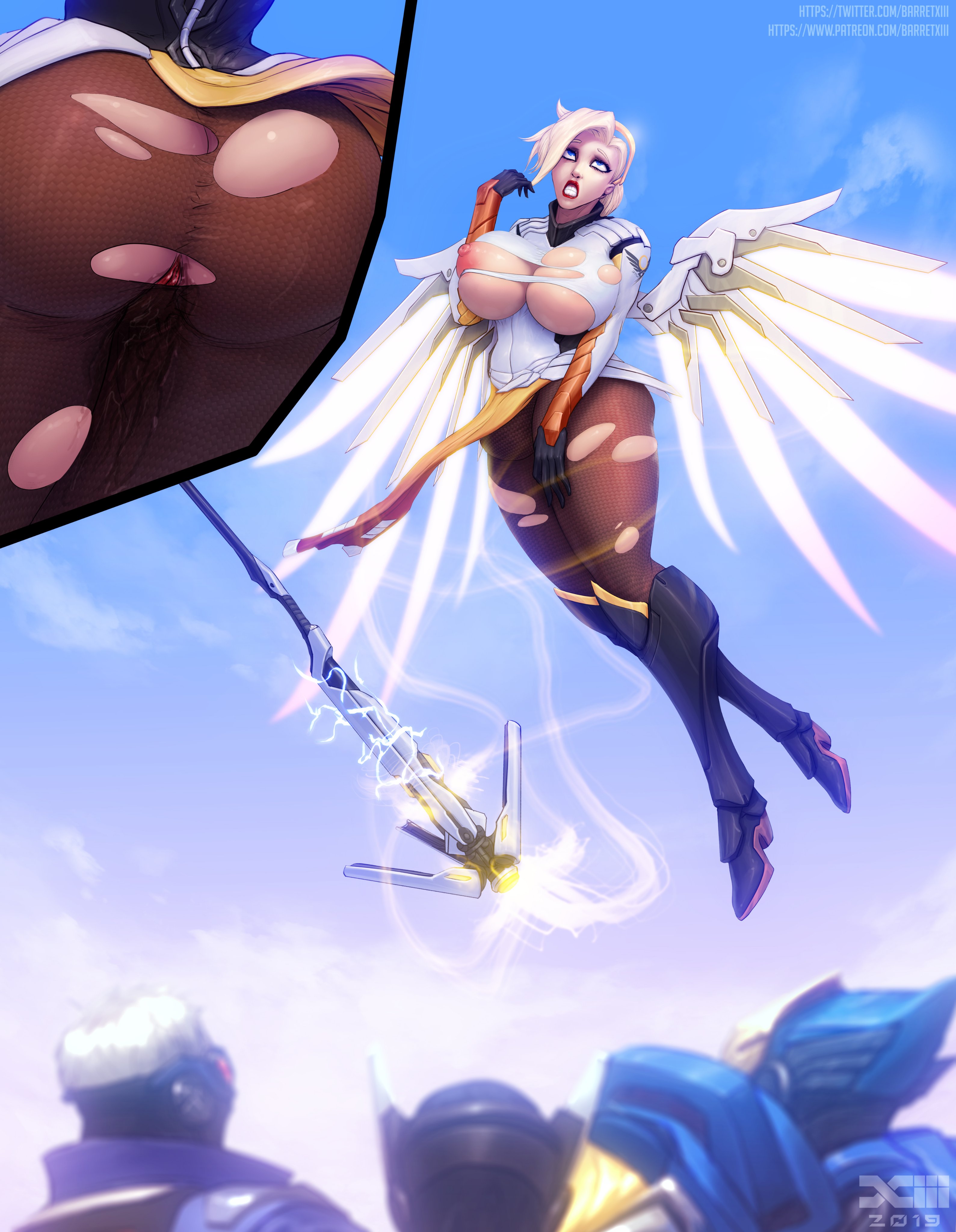 1girls, absurdres, ass, ass expansion, barretxiii, big ass, big breasts, blonde hair, blue eyes, breast expansion, breasts, cleavage, expansion, female, futa transformation, futanari, genji, highres, intersex, large breasts, mercy, nipples, overwatch, pharah, pussy, pussy juice, soldier 76, solo, torn clothes, transformation