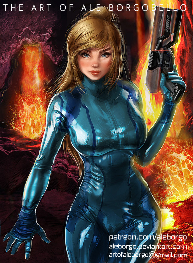 1girls aleborgo blonde_hair blue_eyes blush bodysuit breasts clothed clothing curvaceous curvy detailed_background female female_only gun human large_breasts lava looking_at_viewer metroid nintendo pose samus_aran shiny shiny_clothes sidelocks solo standing thick tight_fit video_games volcanic_setting weapon zero_suit zero_suit_samus