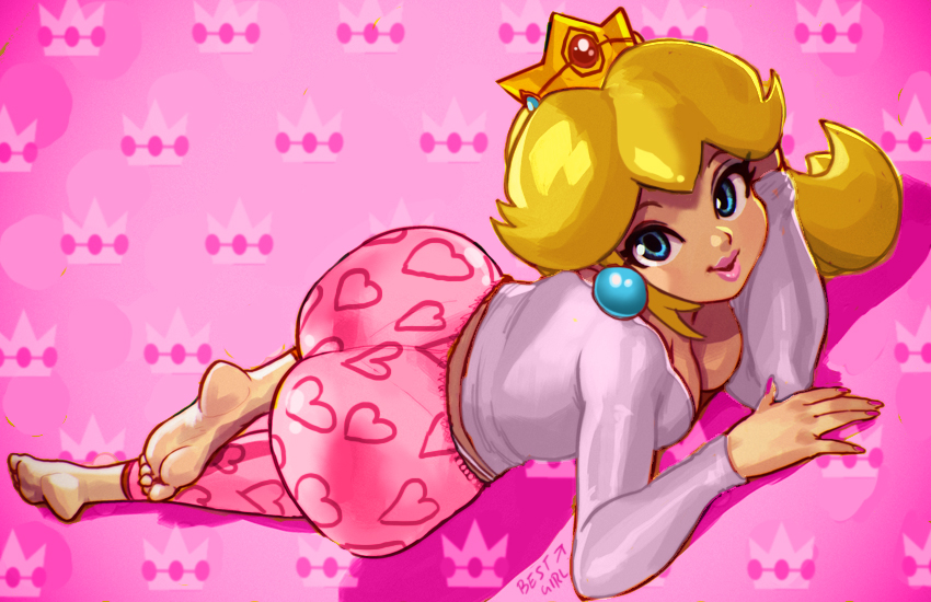 1girls, ass, big ass, blonde hair, blue eyes, bubble ass, bubble butt, cleavage, clothed, clothing, crown, curvaceous, curvy, fat ass, feet, female, female only, full body, fully clothed, heart, huge ass, long hair, looking at viewer, mario (series), negarobo, nintendo, on stomach, pajamas, pink background, pink lips, princess, princess peach, simple background, solo, thick, wide hips