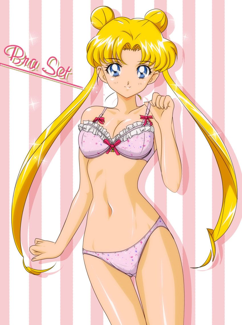 1girls adjusting_bra belly_button bishoujo_senshi_sailor_moon blonde_hair blue_eyes bra breasts double_bun female female_only gentoku lingerie long_twintails looking_at_viewer panties pink_bra pink_panties small_breasts solo twintails underwear_only usagi_tsukino