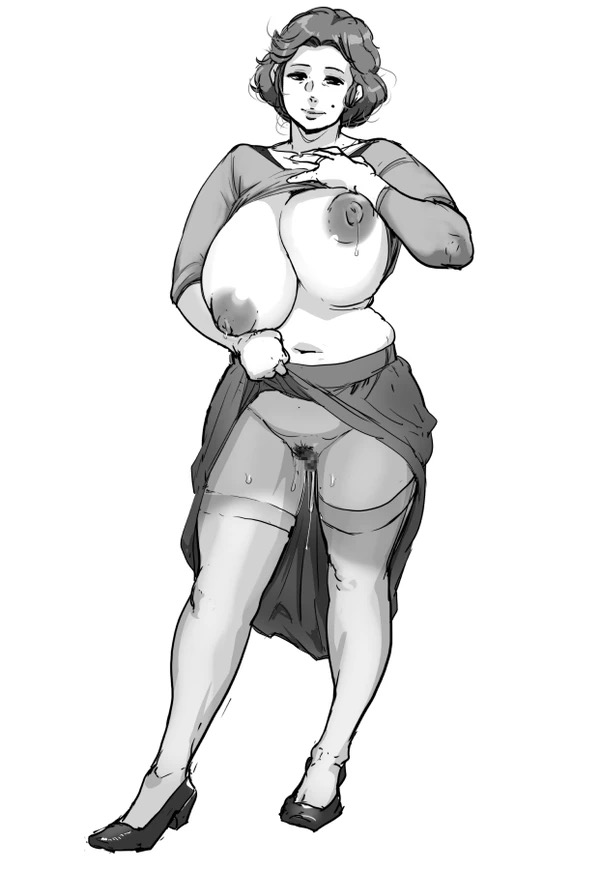1girls, areolae, ass, belly, big ass, black hair, breasts, censored, censored pussy, female, female focus, female only, female pubic hair, flashing breasts, gaping pussy, hair bun, heeled shoes, huge areolae, huge ass, huge breasts, lactation, large breasts, long nipples, mature, mature female, messy hair, milf, mokuzou zabuton, mole, mole above mouth, monochrome, mosaic censoring, mother, nipples, no bra, no panties, no underwear, presenting breasts, presenting pussy, prostitution, pubic hair, pussy, pussy juice, pussy juice drip, sagging breasts, shirt, shirt lift, shirt lifted by self, short hair, skirt, skirt lift, skirt lifted by self, slightly chubby, solo, solo female, solo focus, thighhighs, voluptuous, wedding ring, wide hips