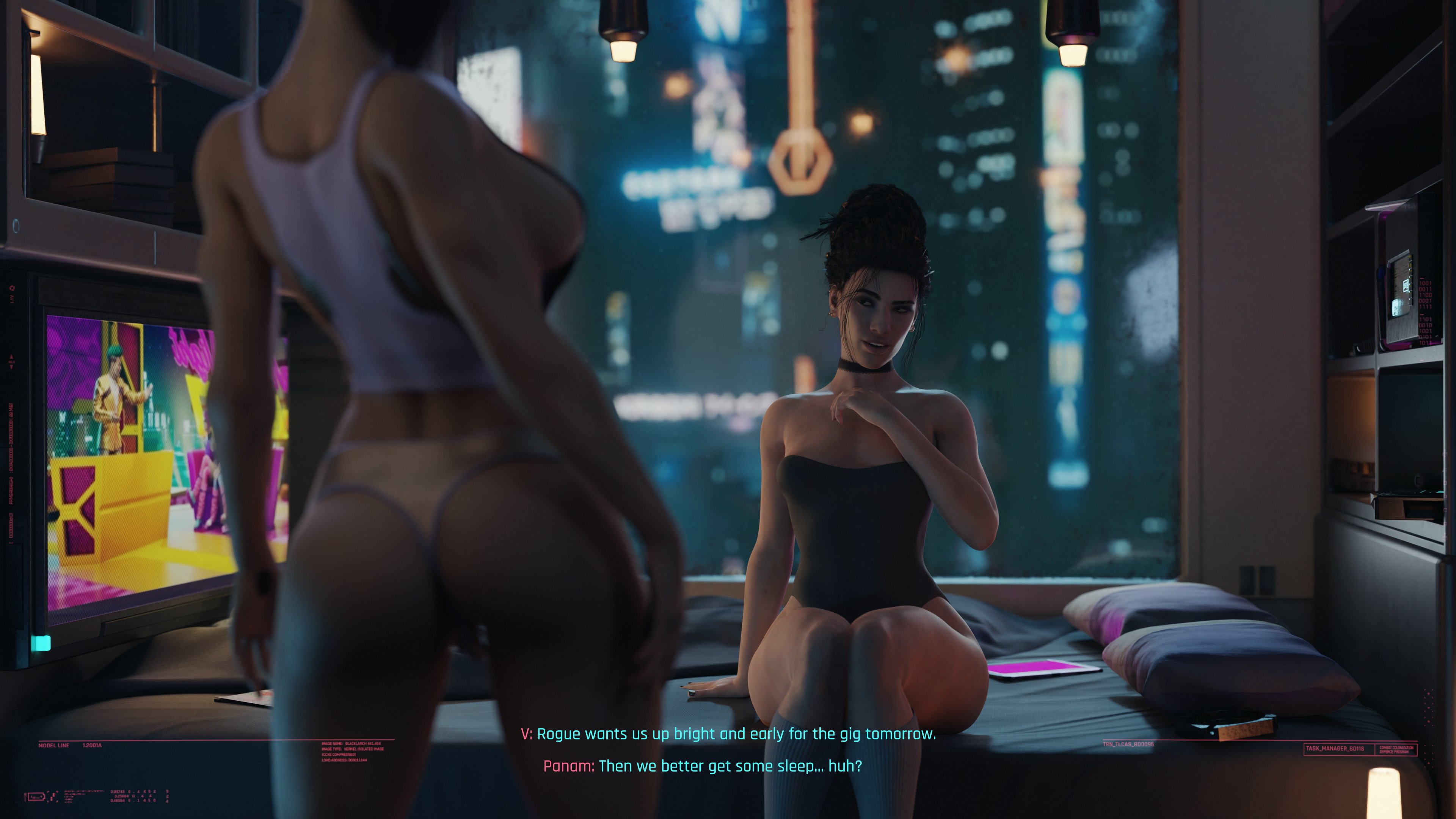 1futa, 1girls, 3d, 4k, absurdres, ass, big ass, blender, breasts, cyberpunk 2077, dinoboy555, female, futanari, highres, intersex, panam palmer, tank top, text, v (cyberpunk 2077), valerie (cyberpunk 2077)
