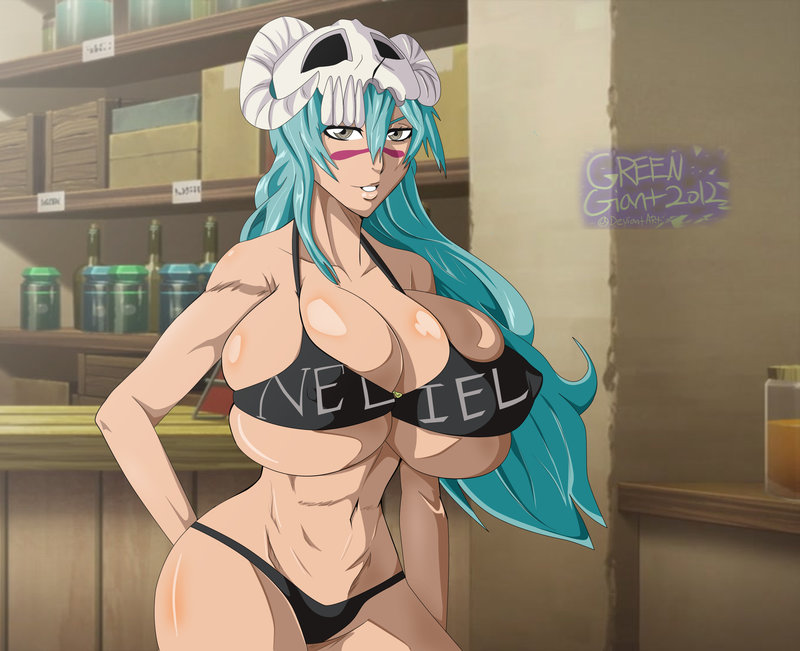 big_breasts bleach green_hair greengiant2012 long_hair looking_at_viewer nelliel_tu_odelschwanck shiny_skin