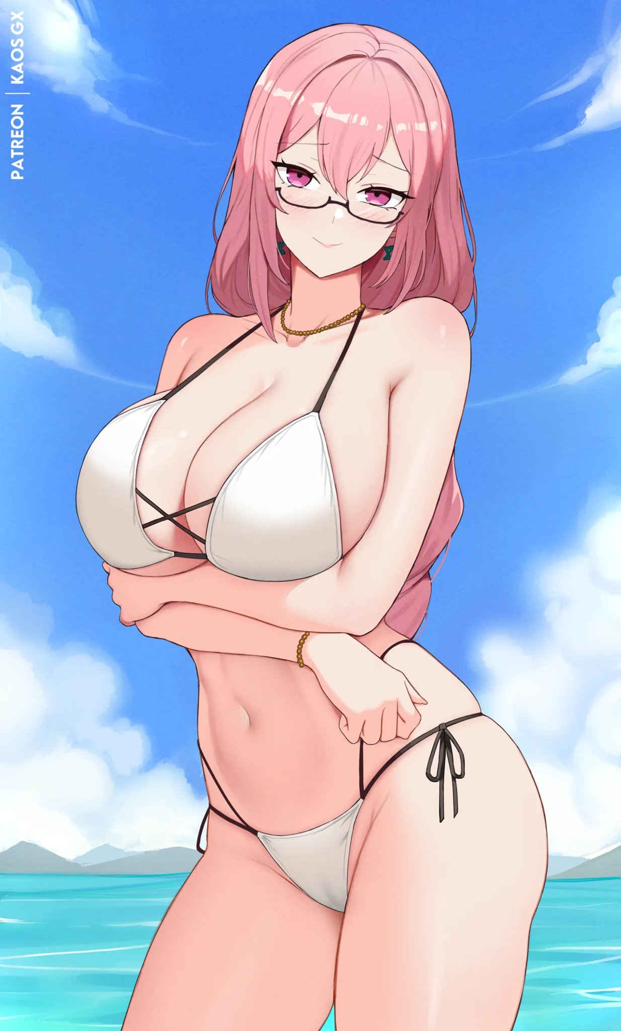 1girl, arms under breasts, bikini, blue sky, breasts, cleavage, closed mouth, cloud, cowboy shot, day, glasses, jewelry, kaos art, large breasts, long hair, looking at viewer, navel, necklace, ocean, outdoors, pink eyes, pink hair, sky, smile, solo, stomach, swimsuit, tsukishiro yanagi, water, white bikini, zenless zone zero