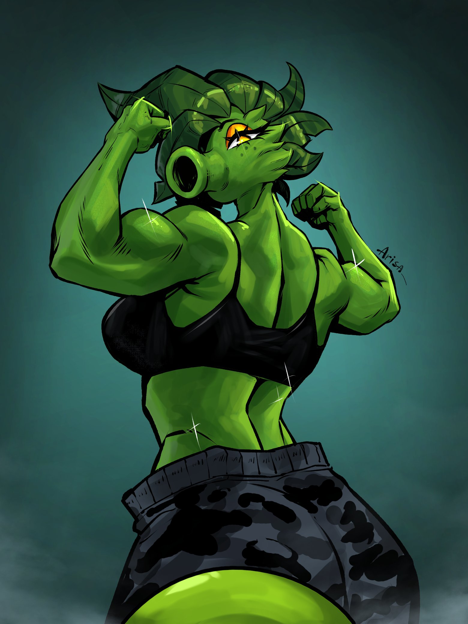 anthro, anthro character, arisa art, breasts, electronic arts, female, flora fauna, freckles, leaf hair, original character, peablaze (leafpaw), peashooter (pvz), plant girl, plant humanoid, plantie, plants vs zombies, popcap, popcap games, pvz, video game, video game character