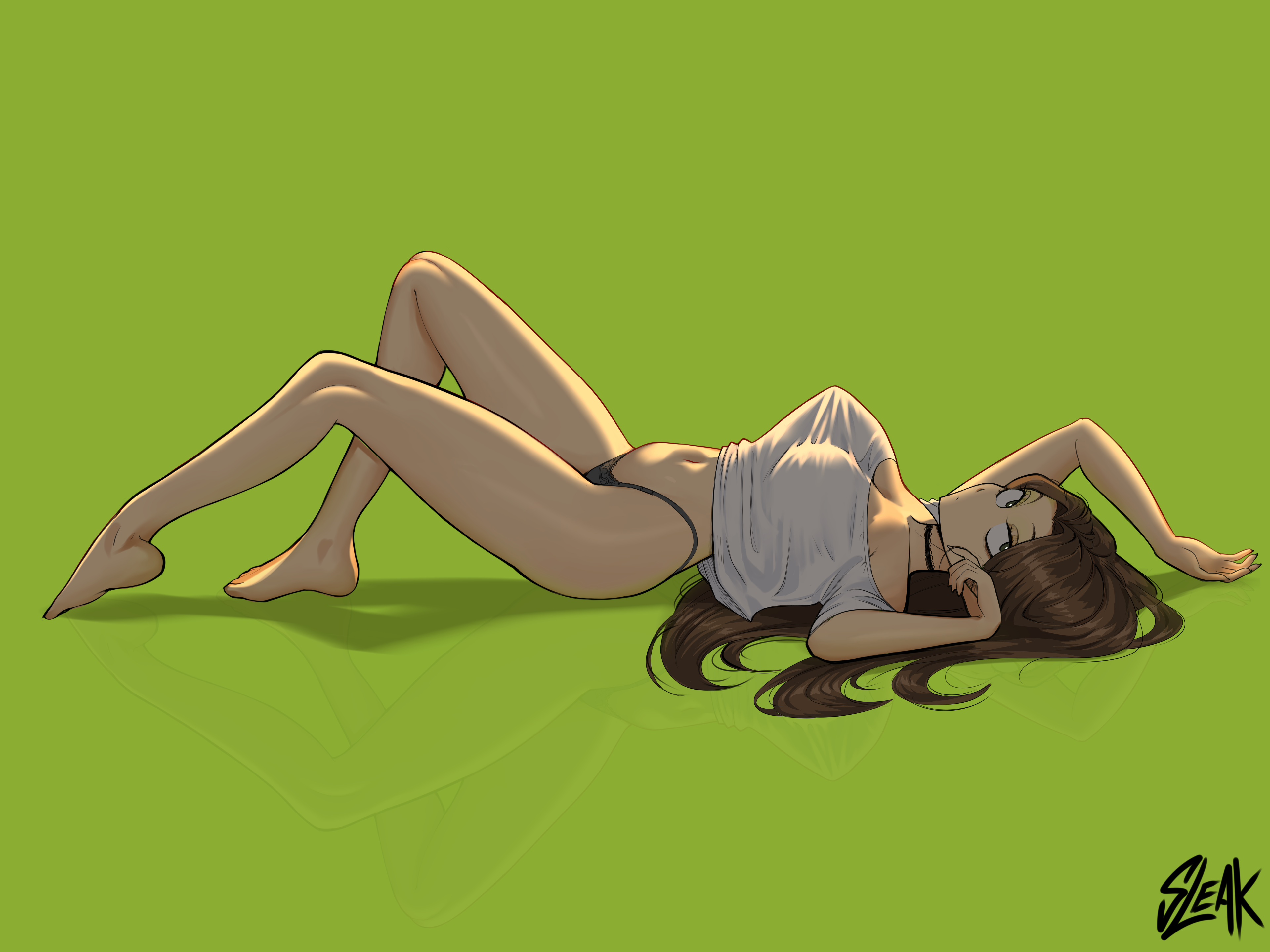1girls, alternate version available, belly button, breasts, brown hair, choker, dalia (sleakj3), female, female focus, female only, green eyes, hi res, light skin, light-skinned female, long hair, looking at viewer, midriff, midriff baring shirt, navel, oc, original character, panties, pose, posing, posing for the viewer, shirt, sleakj3, stockings, thick thighs, thighs, tummy
