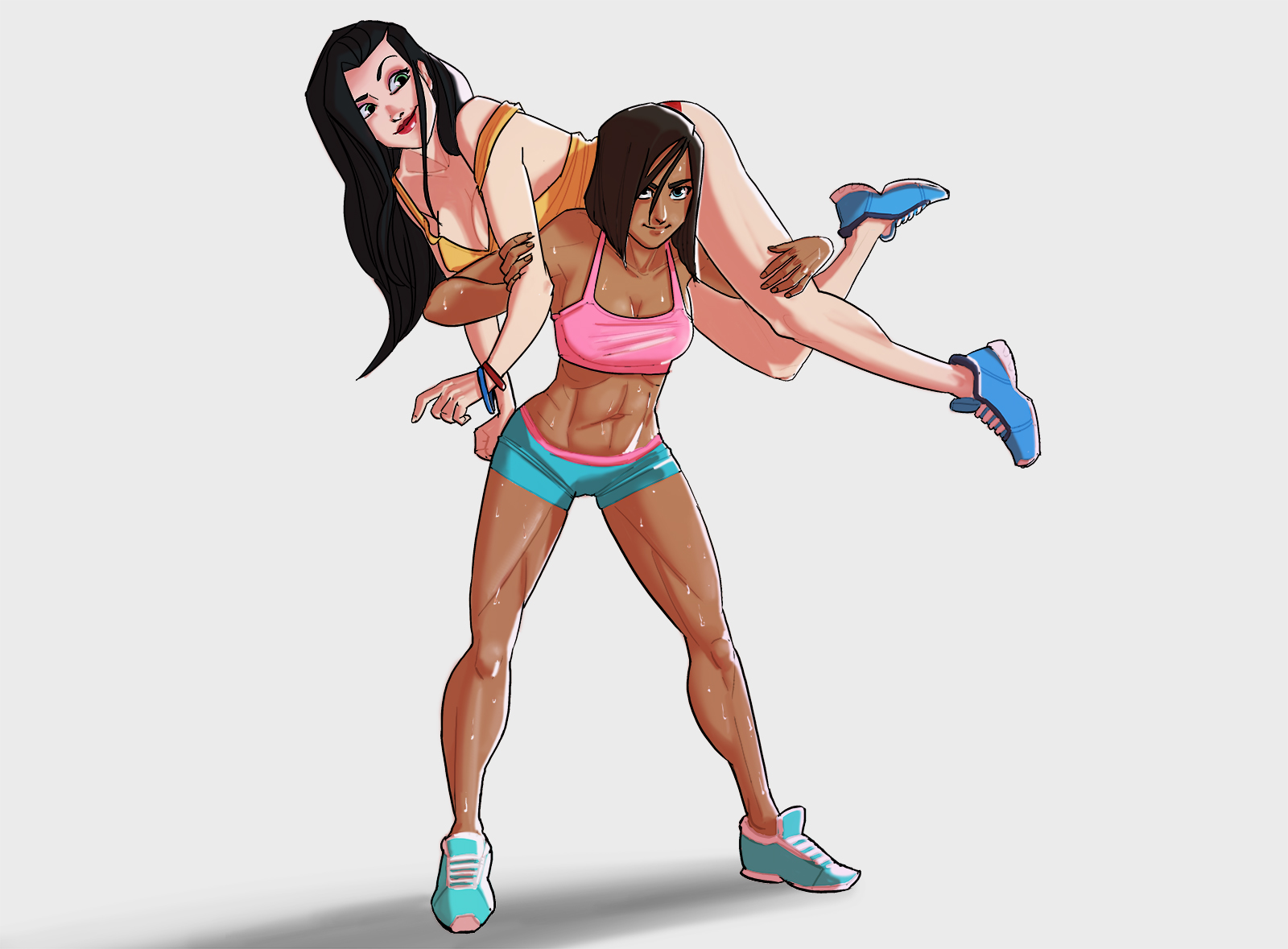 2girls, abrosiis, abs, artist name, asami sato, avatar legends, biceps, big breasts, black hair, blue eyes, bracelet, breasts, brown hair, busty, calves, canon couple, chocolate and vanilla, cleavage, clothed, clothing, confident, crop top, dark skin, dark-skinned female, female, female only, fireman's carry, fit, full body, green eyes, human, interracial, korra, lifting, lifting person, light skin, light-skinned female, lipstick, long hair, looking at partner, looking at viewer, loose clothes, medium breasts, multiple females, multiple girls, muscular, muscular female, muscular thighs, navel, nickelodeon, short hair, short shorts, shorts, smile, sneakers, sport, sports bra, sportswear, sweat, sweaty breasts, tank top, the avatar, the legend of korra, thick thighs, water tribe, wide hips, yuri
