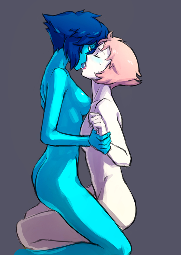 2girls, blue skin, breasts, closed eyes, female, kissing, lapis lazuli (steven universe), neru su, nude, pale, pearl (steven universe), simple background, sketch, slim, small breasts, steven universe, yuri