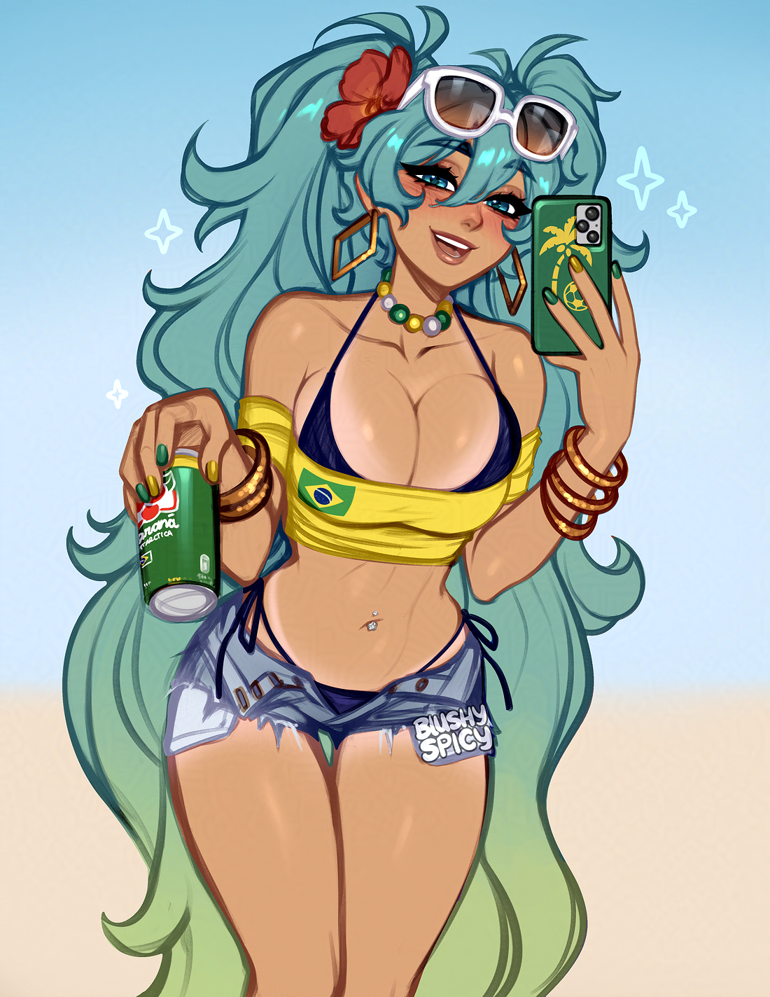 1girls, 2026, 2d, bikini, blue hair, blushypixy, blushyspicy, brazilian, brazilian female, brazilian miku, breasts, female, female focus, female only, flower, flower in hair, hatsune miku, holding object, holding phone, large breasts, looking at viewer, multicolored hair, solo, solo female, solo focus, sunglasses, sunglasses on head, tanned, tanned female, tanned skin, thick thighs, thighs, vocaloid, wide hips