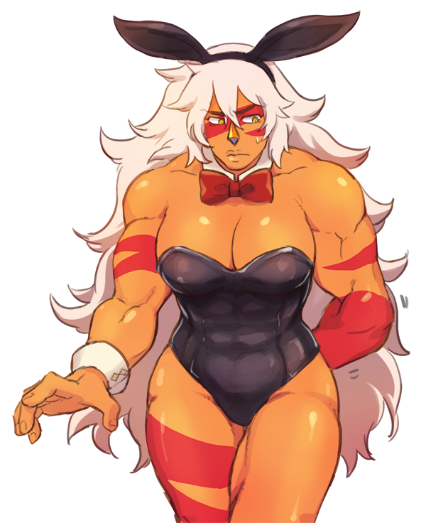 1girls, abs, bare shoulders, big breasts, blonde hair, bodysuit, breasts, bunny ears, bunny girl, bunnysuit, choker, cleavage, clothed, embarrassed, fake ears, female, gem (species), hand behind back, jasper (steven universe), large breasts, long hair, looking away, muscular, muscular arms, muscular female, neru su, orange skin, pose, ribbon, solo, steven universe, sweat, thick thighs, white background, wide hips