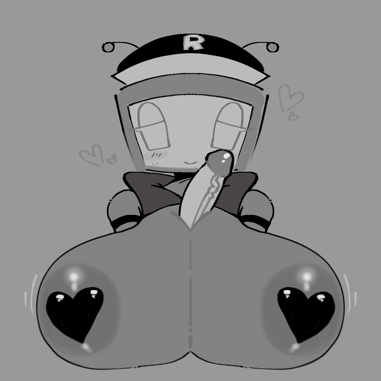 1female, 1girls, 2d, 2d (artwork), anon, anonymous male, areola, areolae, breasts, dick, digital drawing (artwork), explicit, forsaken (roblox), greyscale, iluveryty, long penis, looking at viewer, penis, penis between breasts, penis on breast, plain background, roblox, roblox game, robloxian, self upload, titfuck, titjob, tits, tits bigger than head, tittyfuck, tv head, veeronica