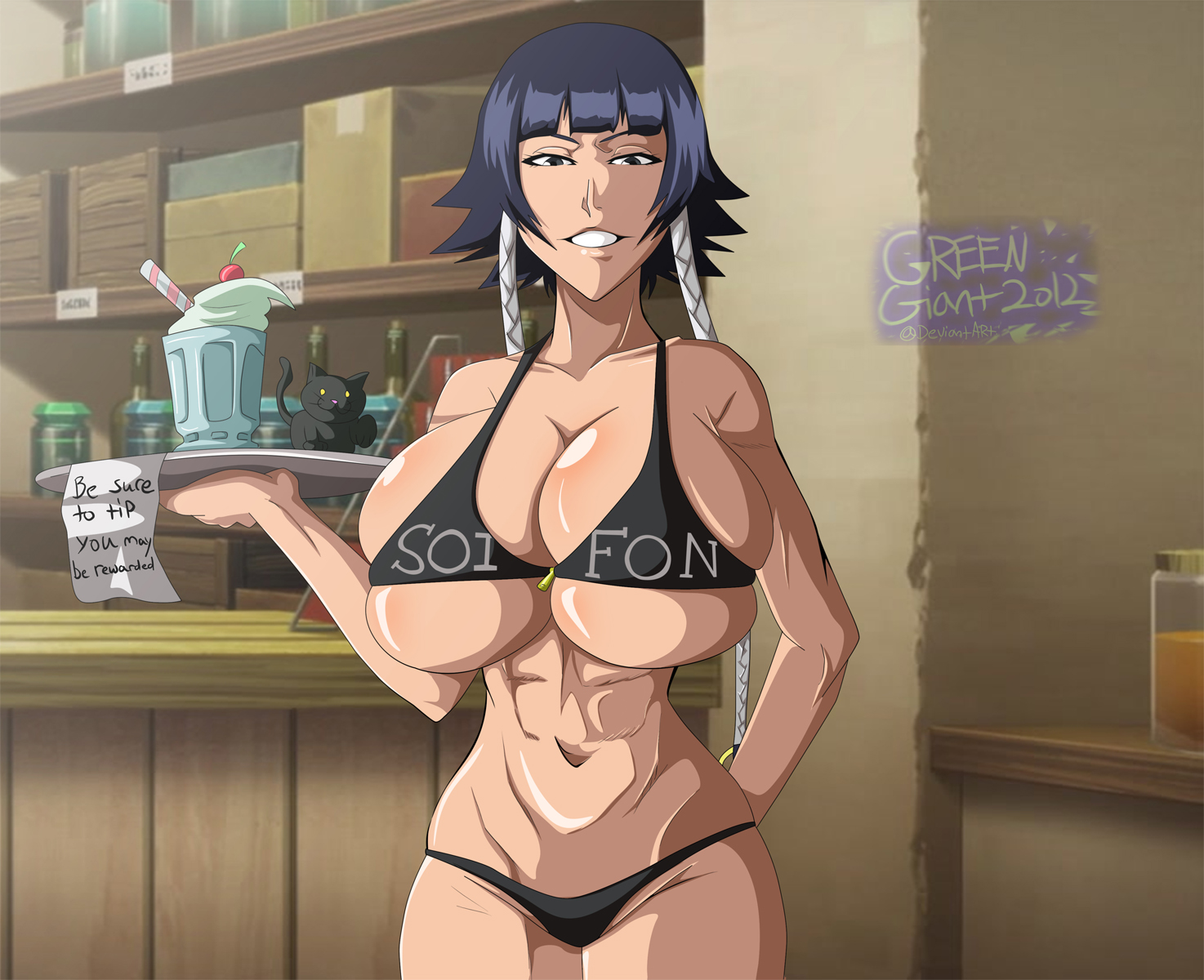big breasts, black hair, bleach, breasts, female, greengiant2012, looking at viewer, shiny skin, short hair, smile, soifon, sui-feng