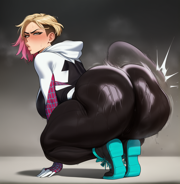 1girls, ai generated, ass, ass bigger than head, ass bigger than torso, ass up, bad anatomy, bent over, big ass, blonde, blonde female, blonde hair, blue eyes, bottom heavy, exaggerated anatomy, fat ass, female, female only, gwen stacy, huge ass, human, human only, hyper, hyper ass, light skin, light-skinned female, marvel, marvel comics, medium hair, milf, niduscharger, nude, nude female, smiling at viewer, smirk, smug, spider-gwen, spider-man (series), superheroine, voluptuous, wet ass, wide ass, wide hips
