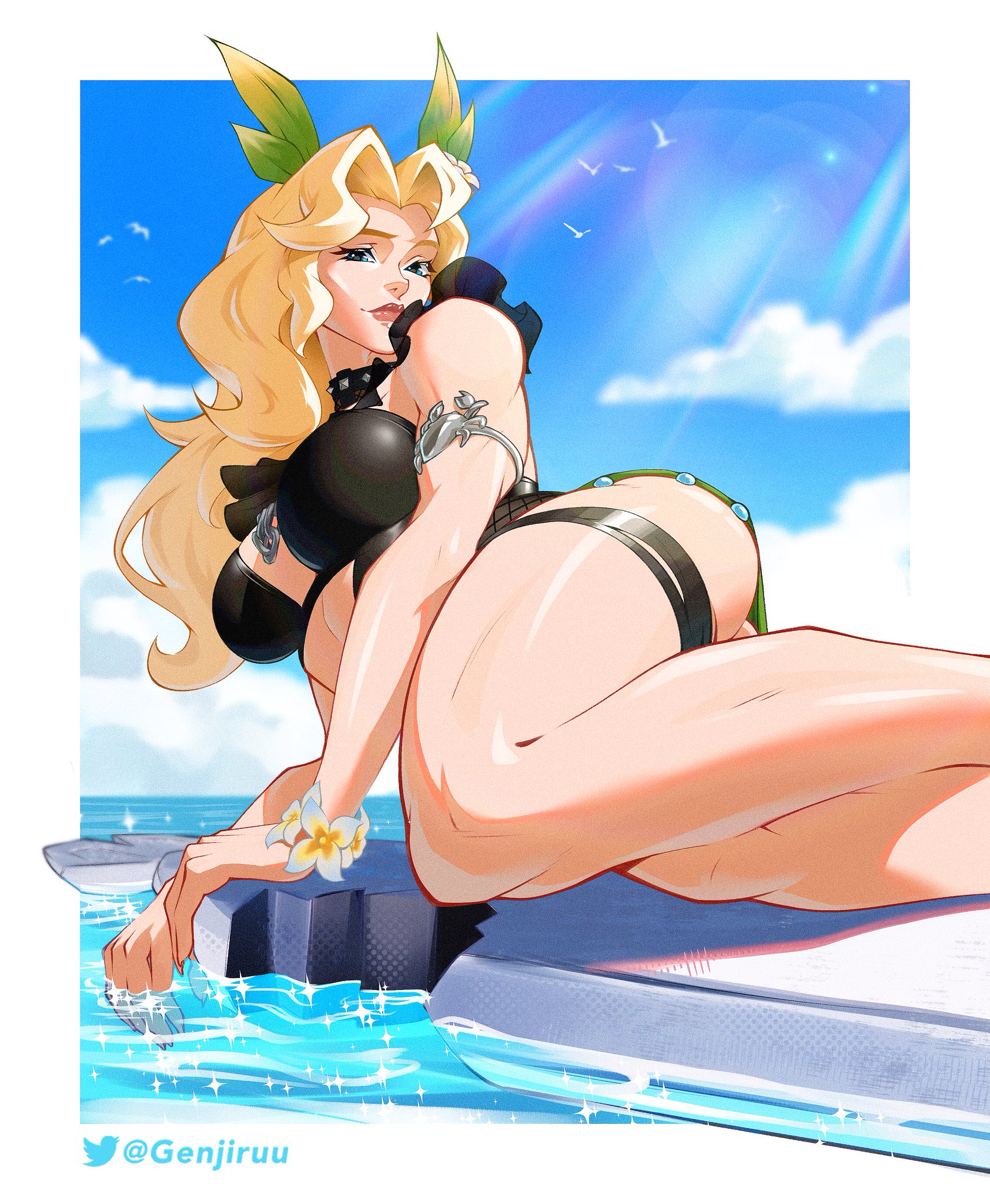 2d, big ass, bikini, blonde hair, clothed, fully clothed, genjiruu, magik (illyana rasputin), magik (marvel rivals), magik (soul surfer), marvel, marvel rivals, solo, surfboard, thick thighs