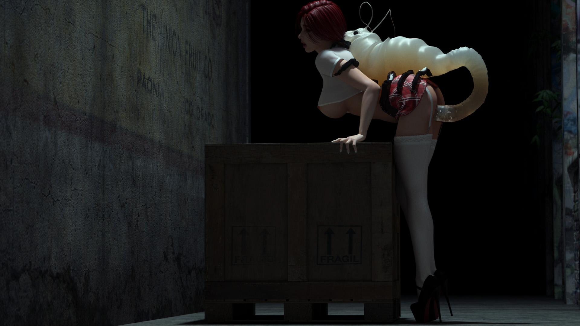 1boy, 1girls, 1monster, 3d, alley, bent over, black shoes, bottomless, breasts, captured, cassidy (dizzydills), city, clothed female nude male, crop top, cum on penis, dizzydills, female, female penetrated, feral on female, feral on human, fit, fit female, from behind, helpless, high heels, hourglass figure, insect, insectophilia, insects, larger female, leggings, light skin, light-skinned female, long legs, long penis, male, microskirt, miniskirt, monster, monster on female, monster penetrating, night, penis, plaid skirt, pleasure face, profile, pussy, red hair, school uniform, secretly loves it, sex, size difference, skirt lift, skirt up, slim waist, small dom big sub, smaller male, source request, stockings, submissive female, tentacle, tentacle penetration, thick thighs, thighhighs, underboob, vaginal penetration, white legwear, white thighhighs, white topwear