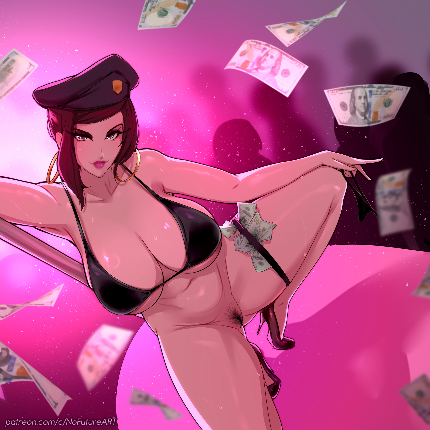 1girls, big breasts, bra, brown hair, deadman wonderland, earrings, female, female only, hat, heels, hi res, holding panties, hoop earrings, looking at viewer, makina (deadman wonderland), money, no panties, nofuture, panties removed, pink lipstick, pole dancing, pubic hair, solo, strip club, thick thighs, thigh strap