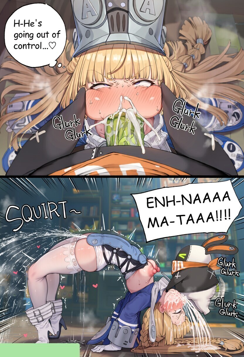 1boy, 1girl, 2026, 2d, 2koma, absurd res, absurd resolution, absurdres, ai generated, bangboo (zenless zone zero), blonde hair, blue eyes, blush, braid, breasts, colored skin, comic, cum, cum in mouth, cum in nose, cum overflow, deepthroat, english text, fellatio, female ejaculation, gloves, heart, hetero, hi res, high heels, high quality, high resolution, highres, huge penis, image, irrumatio, long hair, nipples, norma hollowell, oral, patreon, penis, pov, rolling eyes, speech bubble, stomach bulge, thighhighs, uncensored, uncensured, white thighhighs, xdomikami, zenless zone zero