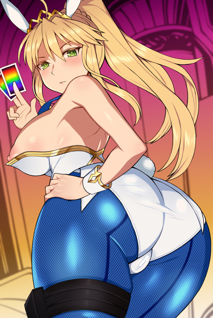 1girls, areolae, artoria pendragon, artoria pendragon (swimsuit ruler), ass, ass focus, big ass, big breasts, breasts, bunny ears, censored, fate (series), fate/grand order, female, female only, huge ass, large breasts, light-skinned female, looking at viewer, looking back, nipples, nt00, pantyhose, pussy, solo